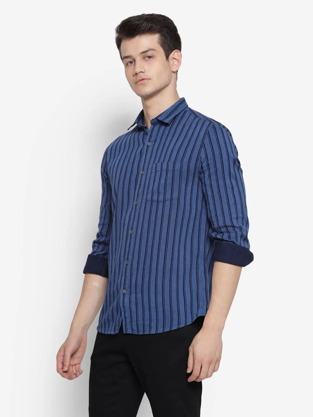 Stiped Navy Blue Slim Fit Causal Shirt