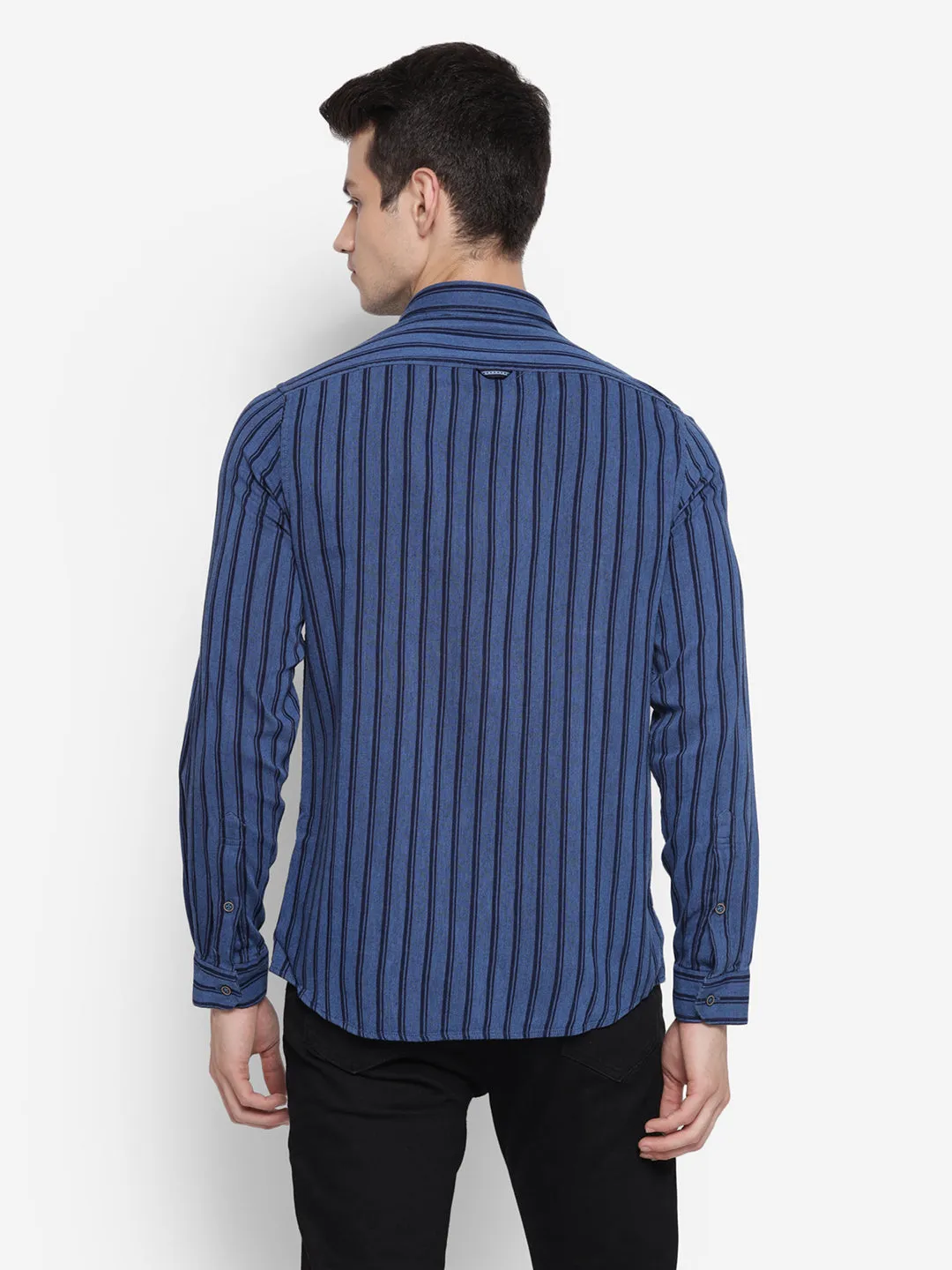 Stiped Navy Blue Slim Fit Causal Shirt