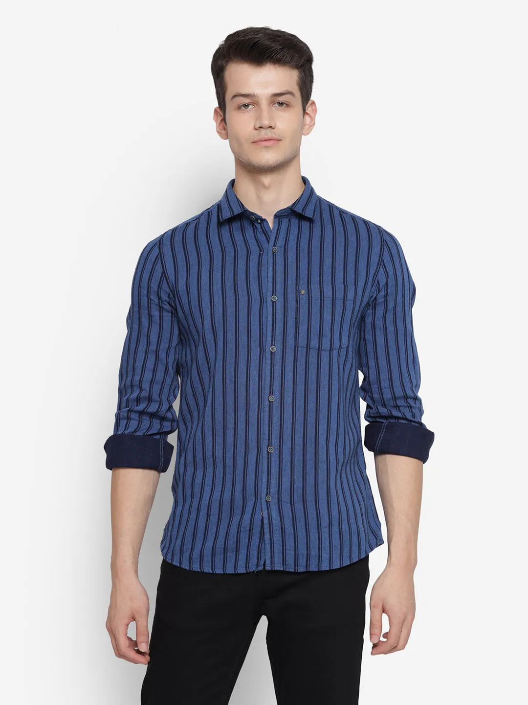 Stiped Navy Blue Slim Fit Causal Shirt