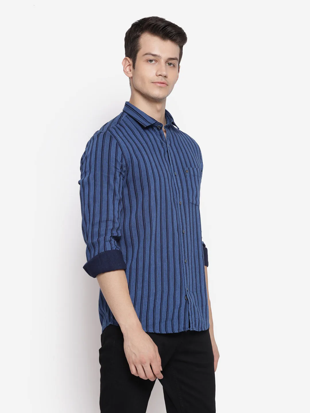 Stiped Navy Blue Slim Fit Causal Shirt