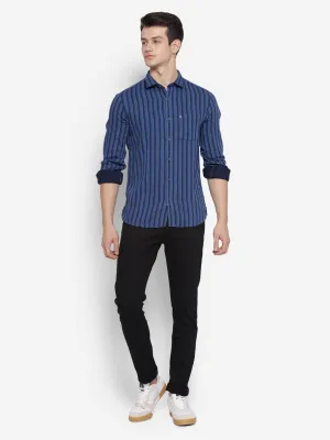 Stiped Navy Blue Slim Fit Causal Shirt