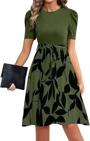 Summer Dresses for Women 2025 Floral Print Wrap Short Sleeve Midi Dress Patchwork Ruffle Hem A Line Dress