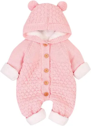 ToddlBy Baby Girls Boys Hooded Sweater Romper Fleece Jumpsuit Infant Cable Knit Long Sleeve Sweaters (Pink, 6-12 Months) l1797t