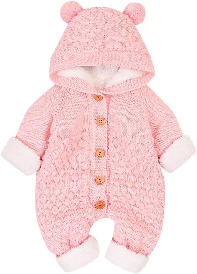 ToddlBy Baby Girls Boys Hooded Sweater Romper Fleece Jumpsuit Infant Cable Knit Long Sleeve Sweaters (Pink, 6-12 Months) l1797t