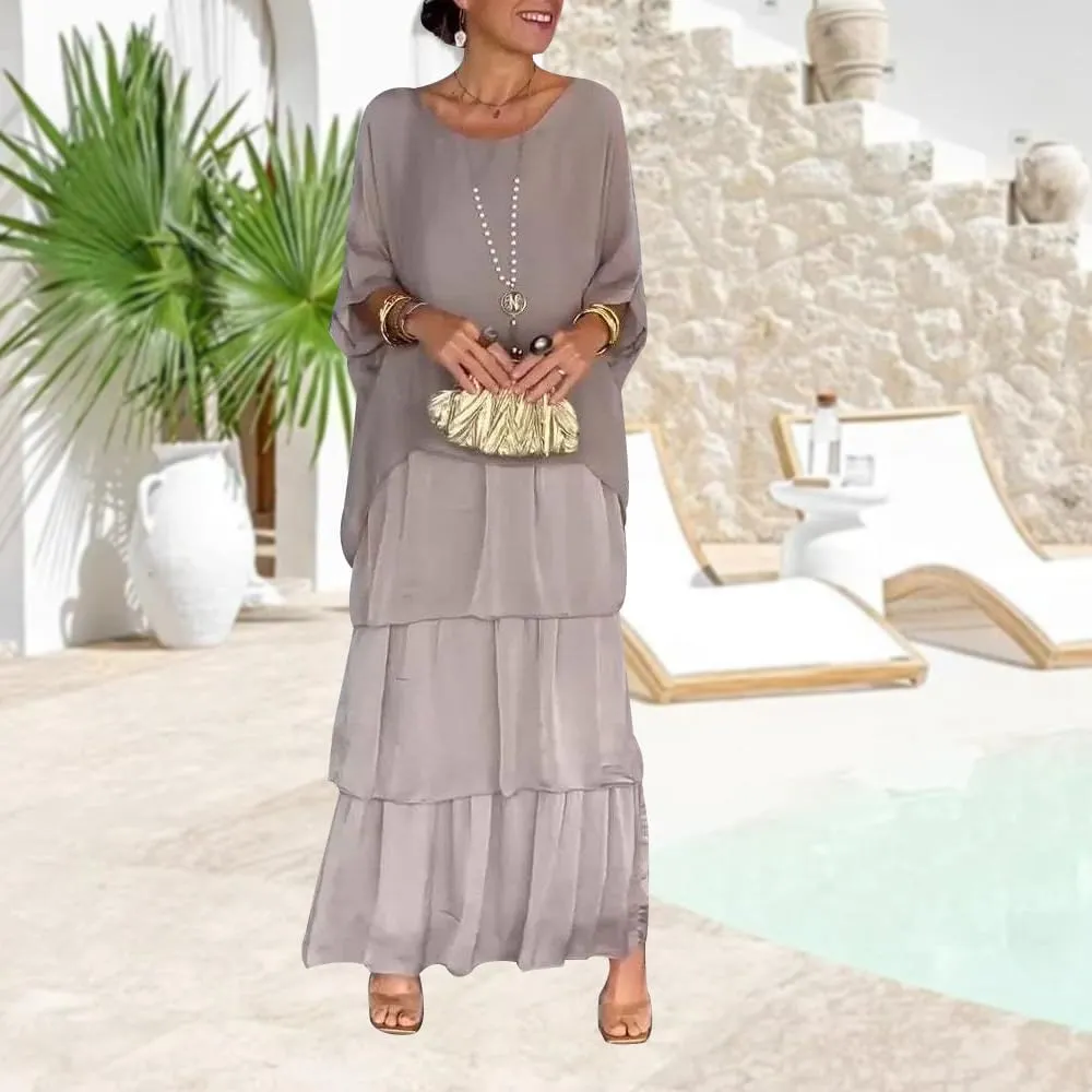 Women 2 Piece Chiffon Dress Set Crew Neck Batwing Sleeve Blouse Layered Cake Boho Floral Skirt Wedding Guest Dresses