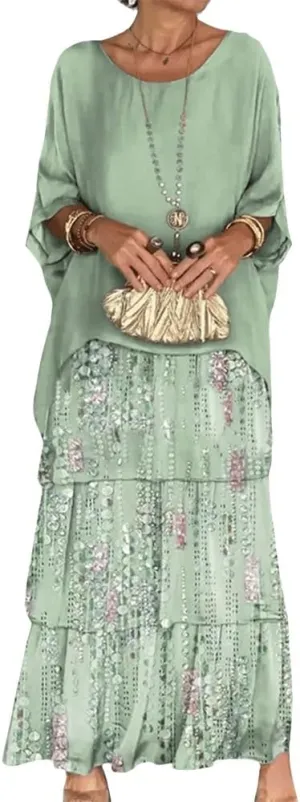 Women 2 Piece Chiffon Dress Set Crew Neck Batwing Sleeve Blouse Layered Cake Boho Floral Skirt Wedding Guest Dresses