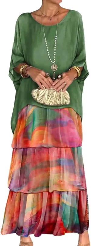 Women 2 Piece Chiffon Dress Set Crew Neck Batwing Sleeve Blouse Layered Cake Boho Floral Skirt Wedding Guest Dresses