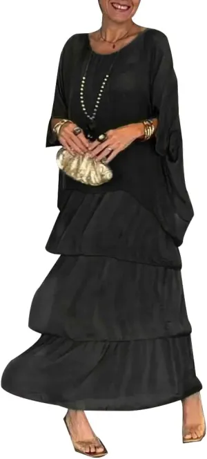Women 2 Piece Chiffon Dress Set Crew Neck Batwing Sleeve Blouse Layered Cake Boho Floral Skirt Wedding Guest Dresses