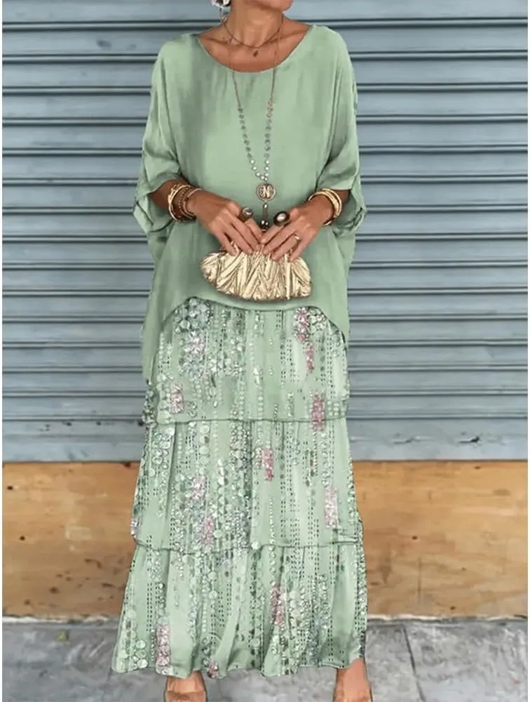 Women 2 Piece Chiffon Dress Set Crew Neck Batwing Sleeve Blouse Layered Cake Boho Floral Skirt Wedding Guest Dresses