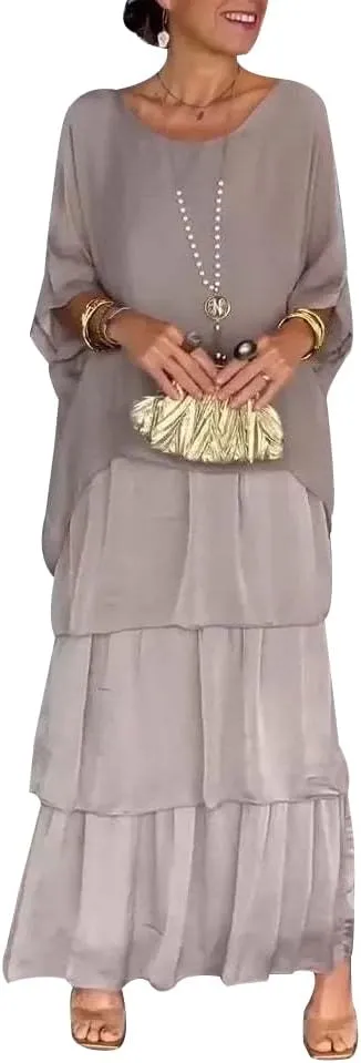 Women 2 Piece Chiffon Dress Set Crew Neck Batwing Sleeve Blouse Layered Cake Boho Floral Skirt Wedding Guest Dresses