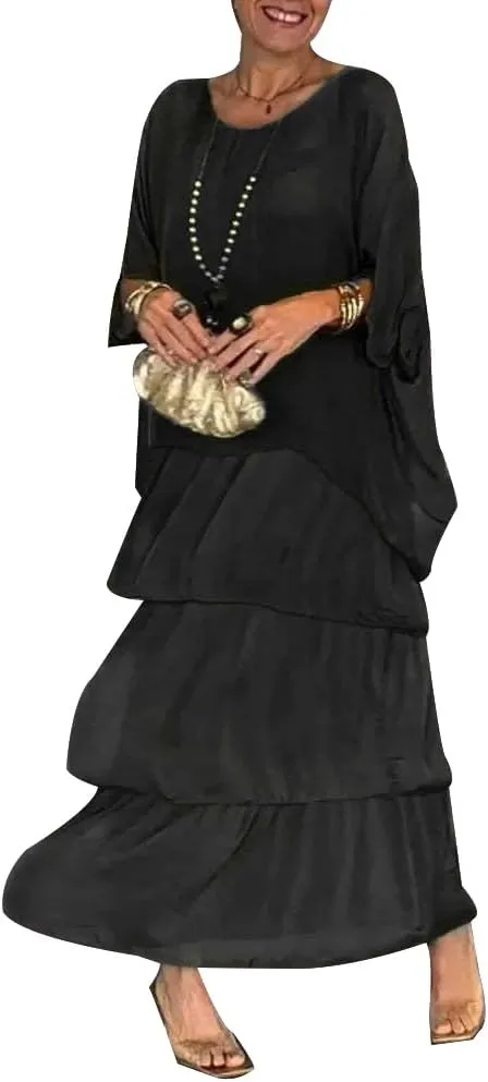 Women 2 Piece Chiffon Dress Set Crew Neck Batwing Sleeve Blouse Layered Cake Boho Floral Skirt Wedding Guest Dresses
