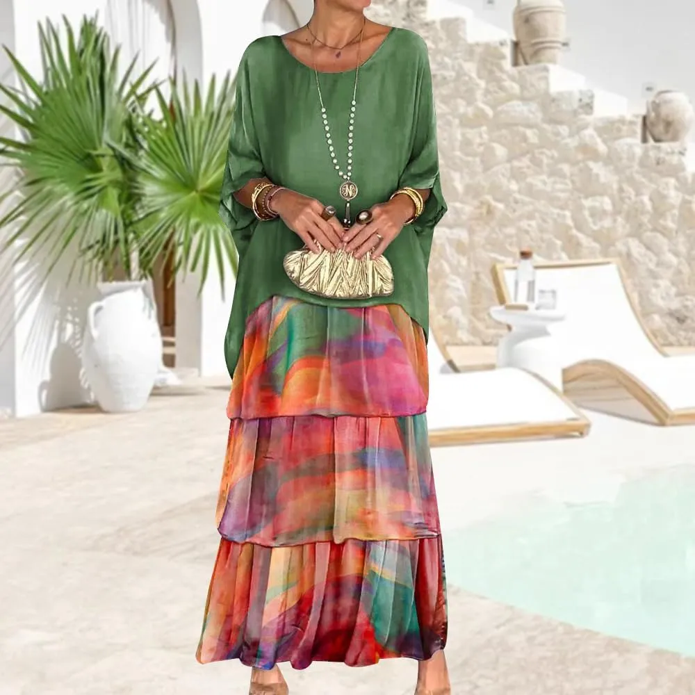 Women 2 Piece Chiffon Dress Set Crew Neck Batwing Sleeve Blouse Layered Cake Boho Floral Skirt Wedding Guest Dresses