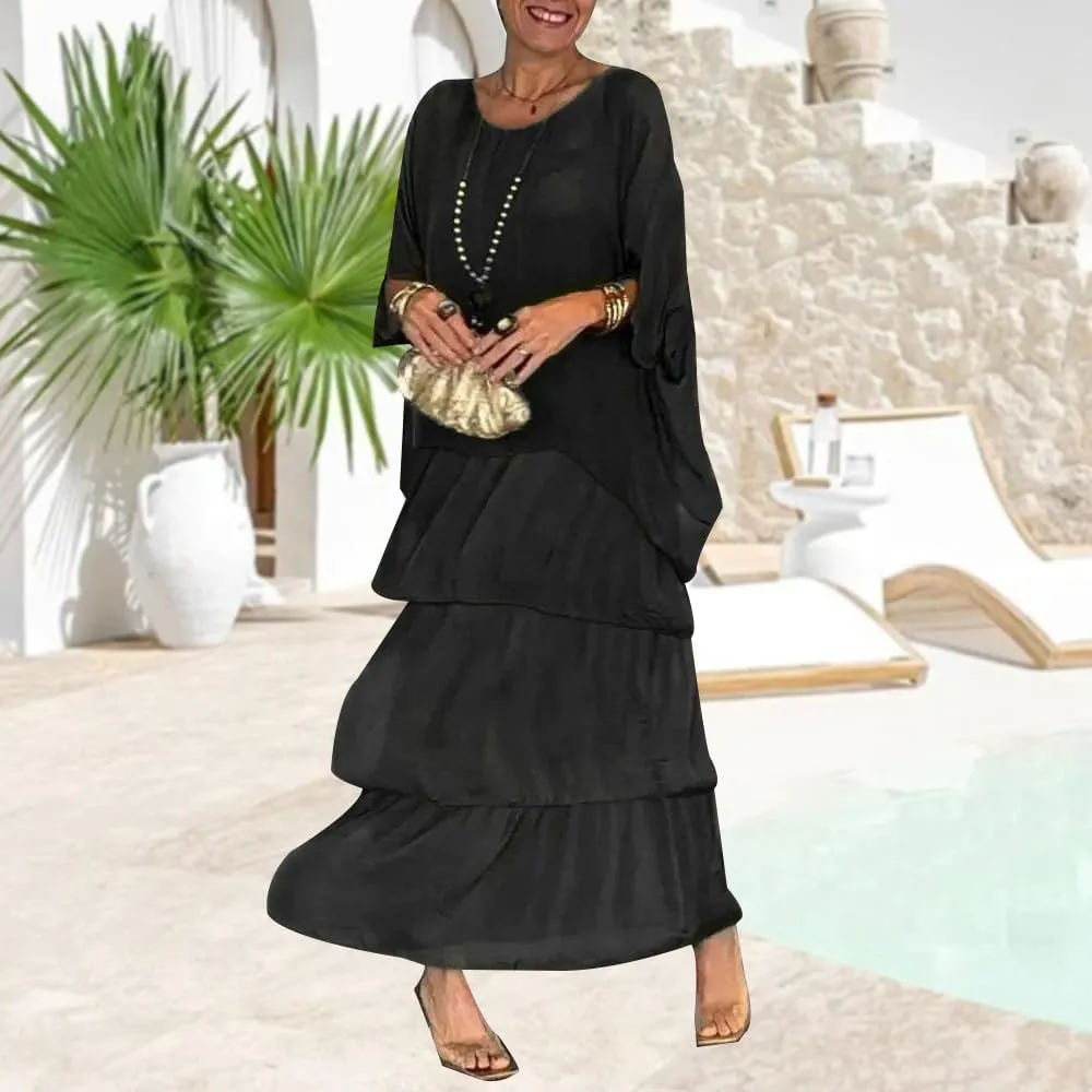 Women 2 Piece Chiffon Dress Set Crew Neck Batwing Sleeve Blouse Layered Cake Boho Floral Skirt Wedding Guest Dresses