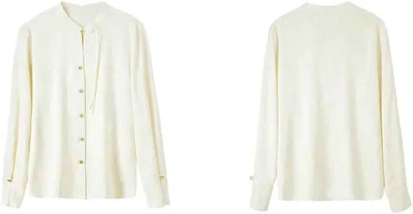 Women Chinese Style Jacquard Shirt Stand Collar Elegant Long Sleeve Blouse Plate Button Work Top