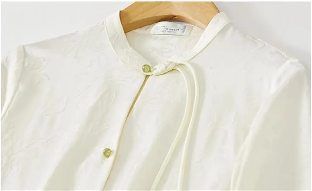 Women Chinese Style Jacquard Shirt Stand Collar Elegant Long Sleeve Blouse Plate Button Work Top