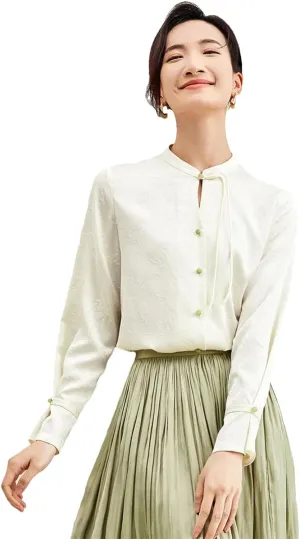 Women Chinese Style Jacquard Shirt Stand Collar Elegant Long Sleeve Blouse Plate Button Work Top