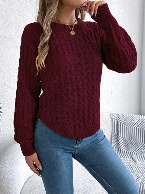 Women's Cable Knit Pullover Sweater Fashion Long Sleeve Crew Neck Chunky Knitted Sweaters