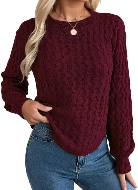 Women's Cable Knit Pullover Sweater Fashion Long Sleeve Crew Neck Chunky Knitted Sweaters