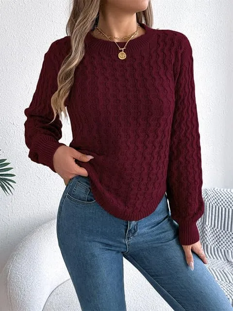 Women's Cable Knit Pullover Sweater Fashion Long Sleeve Crew Neck Chunky Knitted Sweaters