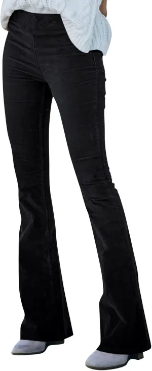 Women's Corduroy Flare Pants Skinny High Waisted Business Casual Pant Side Zipper Wide Leg Trousers with Pockets