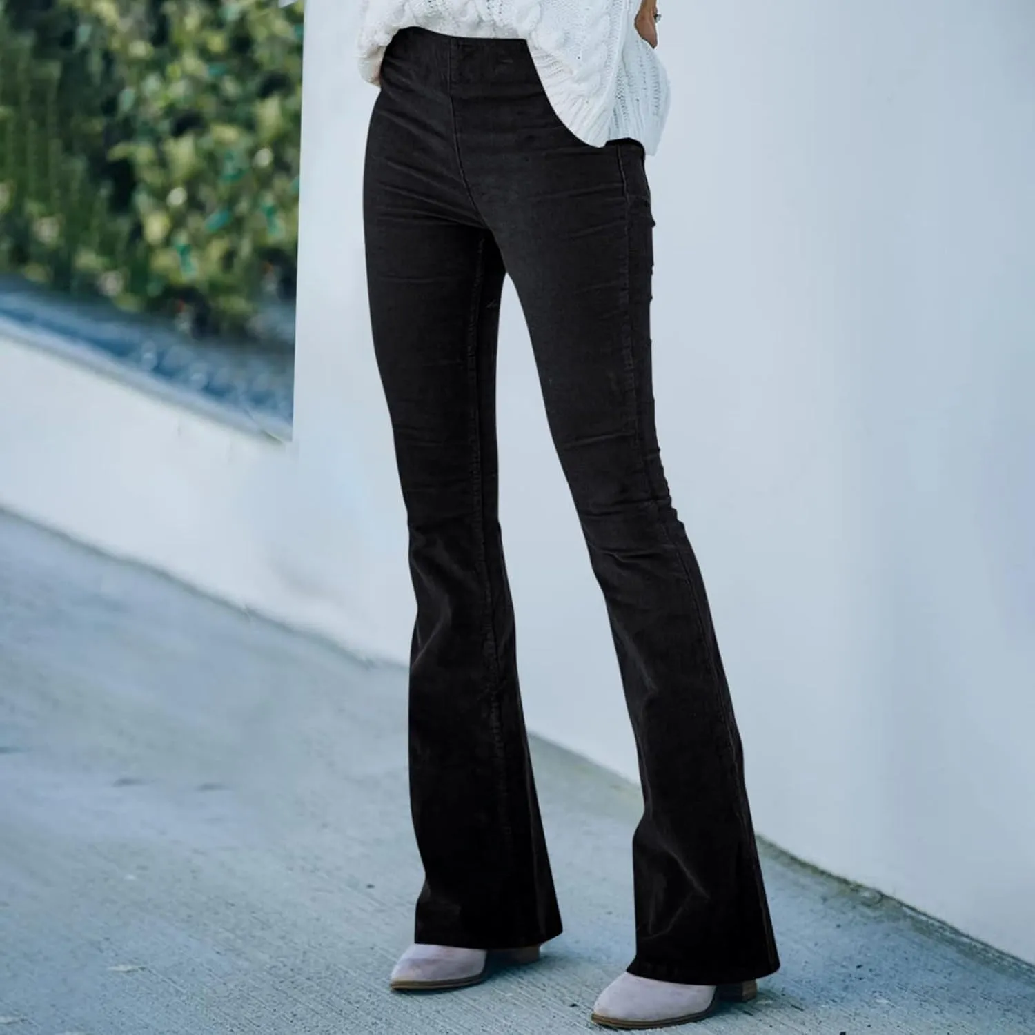 Women's Corduroy Flare Pants Skinny High Waisted Business Casual Pant Side Zipper Wide Leg Trousers with Pockets