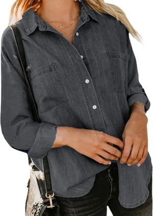 Women's Denim Button Down Shirt Long Sleeve Solid Jean Top Business Casual Blouse for Spring Fall 2025
