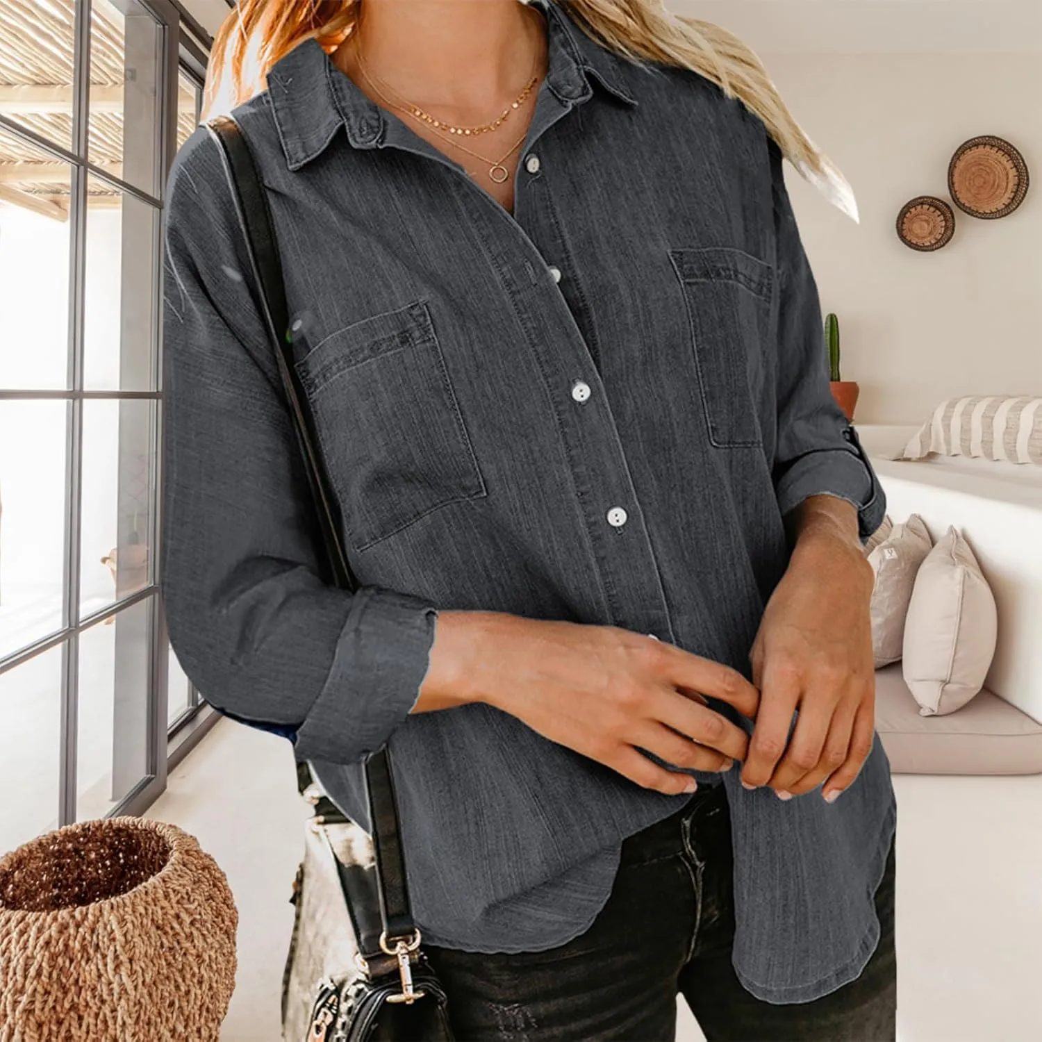 Women's Denim Button Down Shirt Long Sleeve Solid Jean Top Business Casual Blouse for Spring Fall 2025