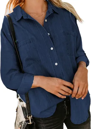 Women's Denim Button Down Shirt Long Sleeve Solid Jean Top Business Casual Blouse for Spring Fall 2025