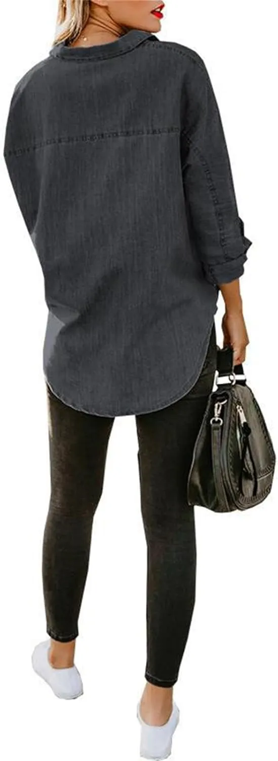 Women's Denim Button Down Shirt Long Sleeve Solid Jean Top Business Casual Blouse for Spring Fall 2025