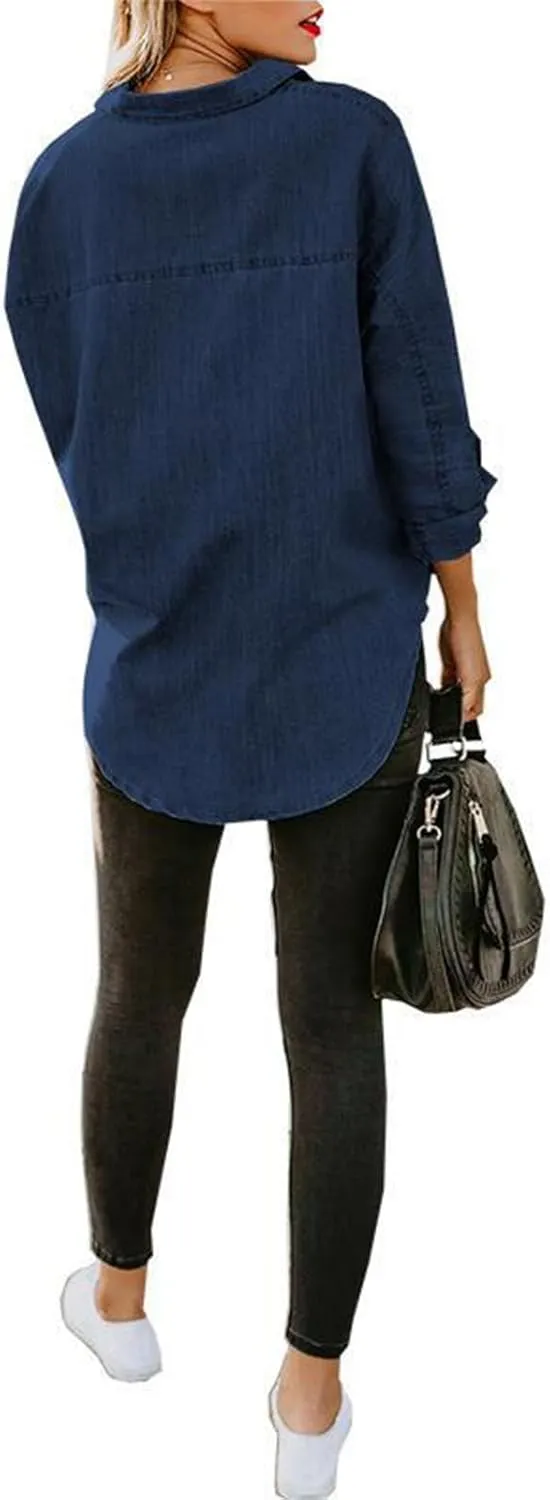 Women's Denim Button Down Shirt Long Sleeve Solid Jean Top Business Casual Blouse for Spring Fall 2025