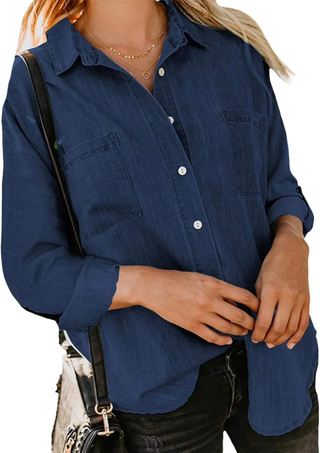 Women's Denim Button Down Shirt Long Sleeve Solid Jean Top Business Casual Blouse for Spring Fall 2025