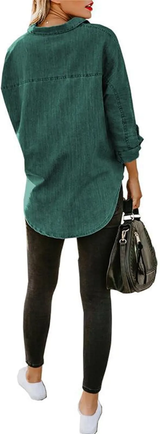Women's Denim Button Down Shirt Long Sleeve Solid Jean Top Business Casual Blouse for Spring Fall 2025