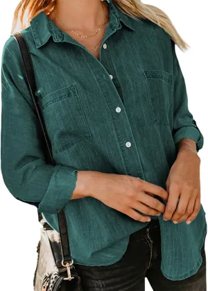 Women's Denim Button Down Shirt Long Sleeve Solid Jean Top Business Casual Blouse for Spring Fall 2025