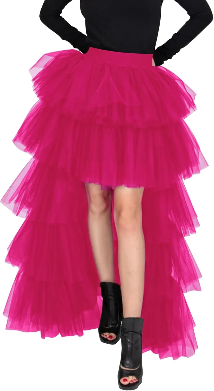 Women's High Low Tutu Skirts Sweet Elastic Waist Tulle Layered Ruffles Mesh Long Tiered Skirt