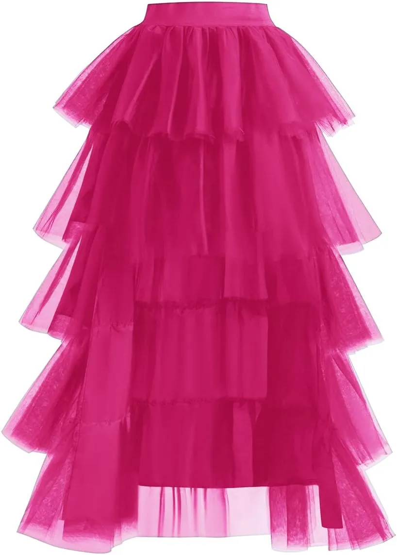 Women's High Low Tutu Skirts Sweet Elastic Waist Tulle Layered Ruffles Mesh Long Tiered Skirt