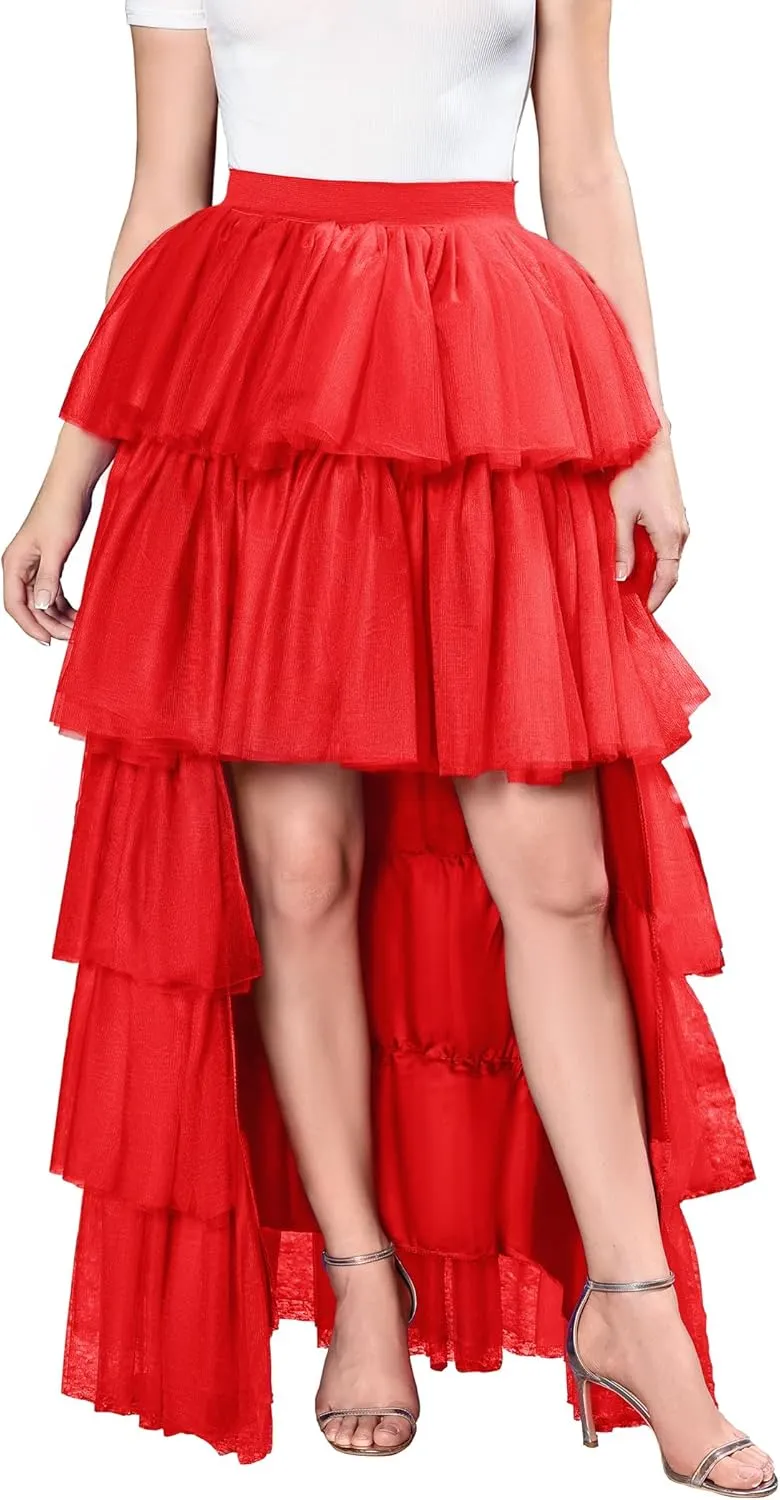 Women's High Low Tutu Skirts Sweet Elastic Waist Tulle Layered Ruffles Mesh Long Tiered Skirt