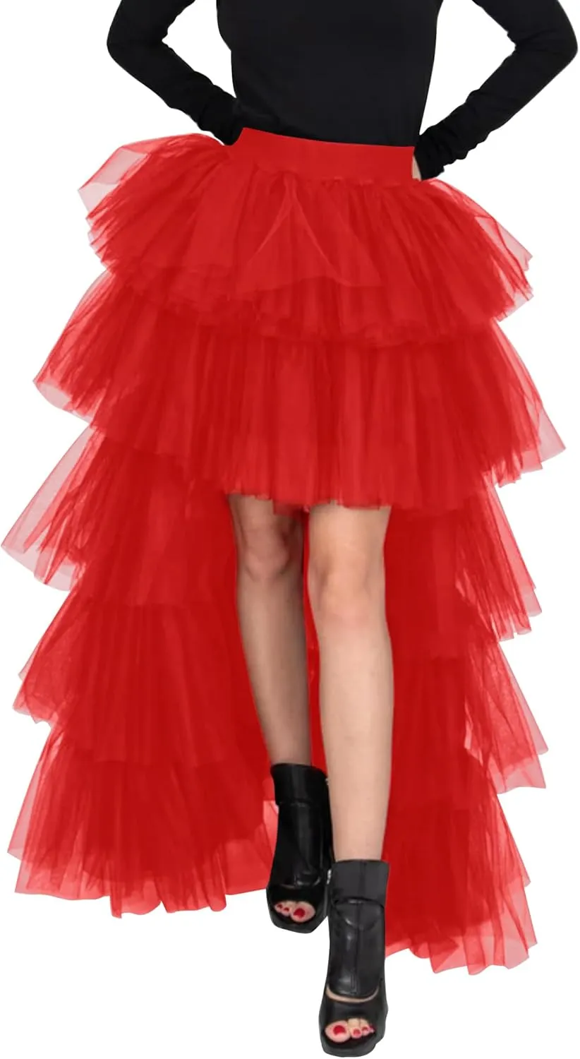Women's High Low Tutu Skirts Sweet Elastic Waist Tulle Layered Ruffles Mesh Long Tiered Skirt