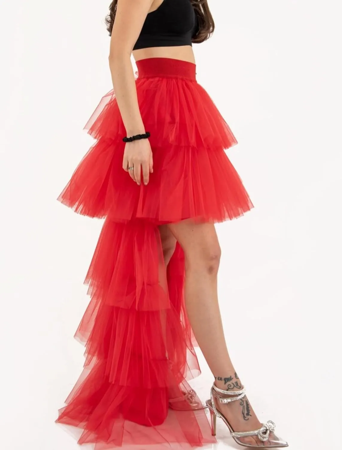Women's High Low Tutu Skirts Sweet Elastic Waist Tulle Layered Ruffles Mesh Long Tiered Skirt