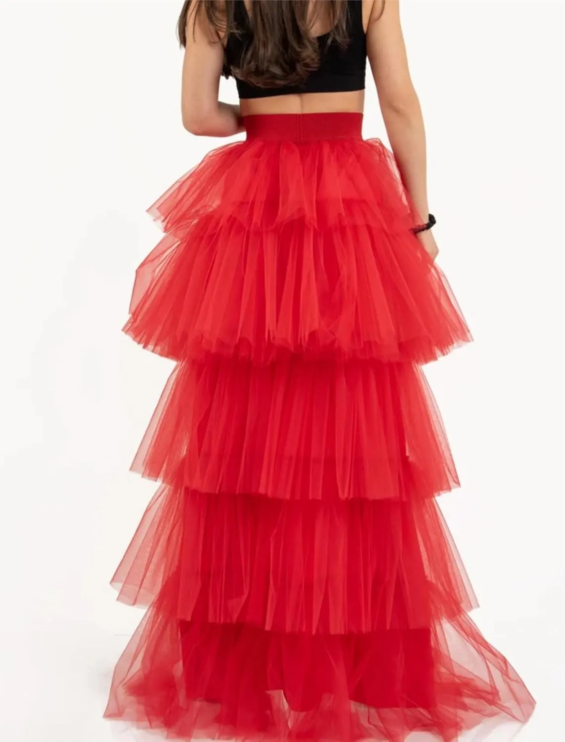 Women's High Low Tutu Skirts Sweet Elastic Waist Tulle Layered Ruffles Mesh Long Tiered Skirt