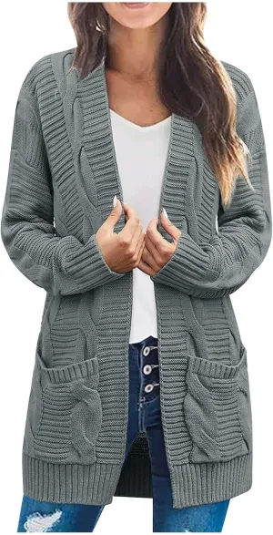 Womens Long Cardigan Chunky Sweater Lightweight Open Front Cardigan Jackets Baggy Cable Knit Sweaters Coat w/Pockets