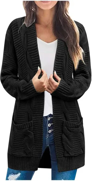 Womens Long Cardigan Chunky Sweater Lightweight Open Front Cardigan Jackets Baggy Cable Knit Sweaters Coat w/Pockets