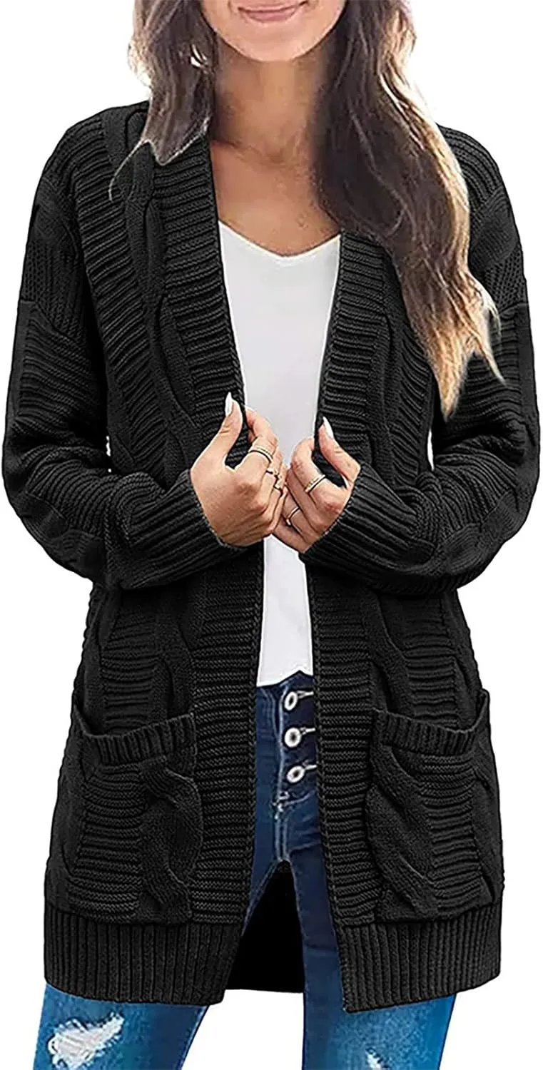 Womens Long Cardigan Chunky Sweater Lightweight Open Front Cardigan Jackets Baggy Cable Knit Sweaters Coat w/Pockets