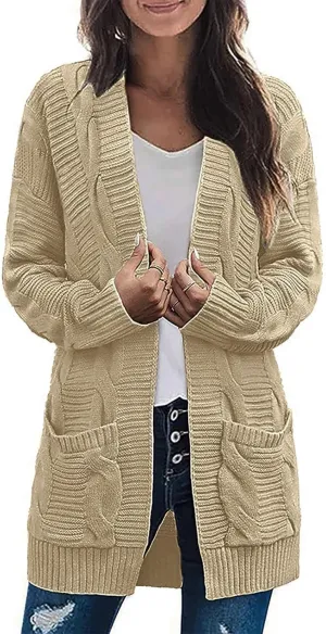 Womens Long Cardigan Chunky Sweater Lightweight Open Front Cardigan Jackets Baggy Cable Knit Sweaters Coat w/Pockets