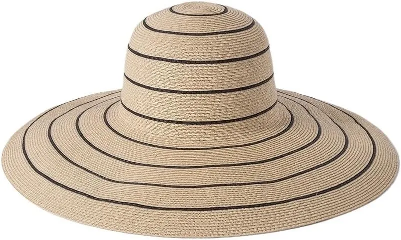 Women's Striped Paper Straw Hat - 14cm Extra Wide Brim - Adjustable 56-58cm Summer Sun Hat