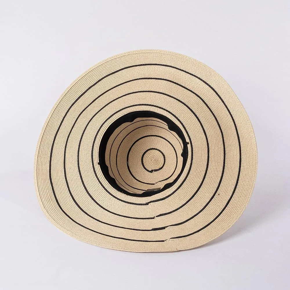 Women's Striped Paper Straw Hat - 14cm Extra Wide Brim - Adjustable 56-58cm Summer Sun Hat
