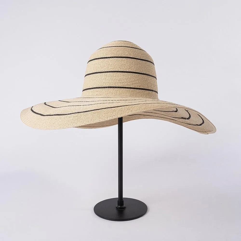Women's Striped Paper Straw Hat - 14cm Extra Wide Brim - Adjustable 56-58cm Summer Sun Hat