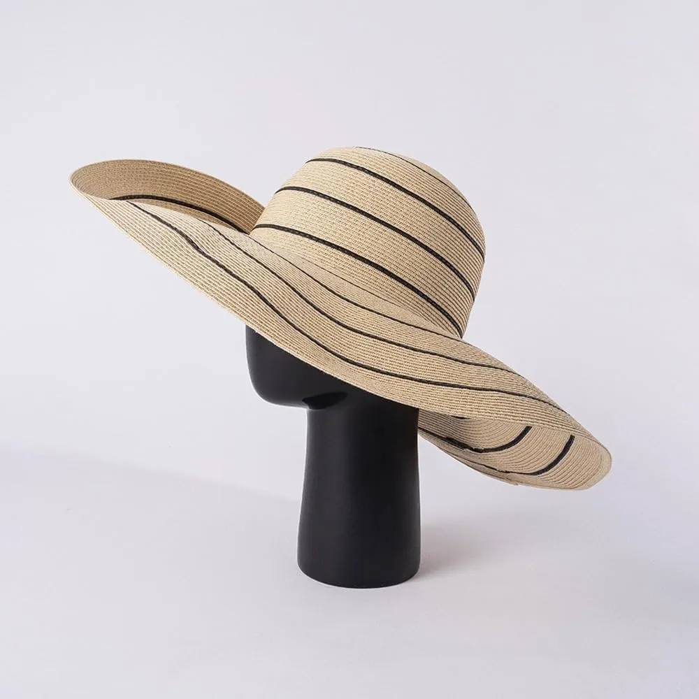 Women's Striped Paper Straw Hat - 14cm Extra Wide Brim - Adjustable 56-58cm Summer Sun Hat