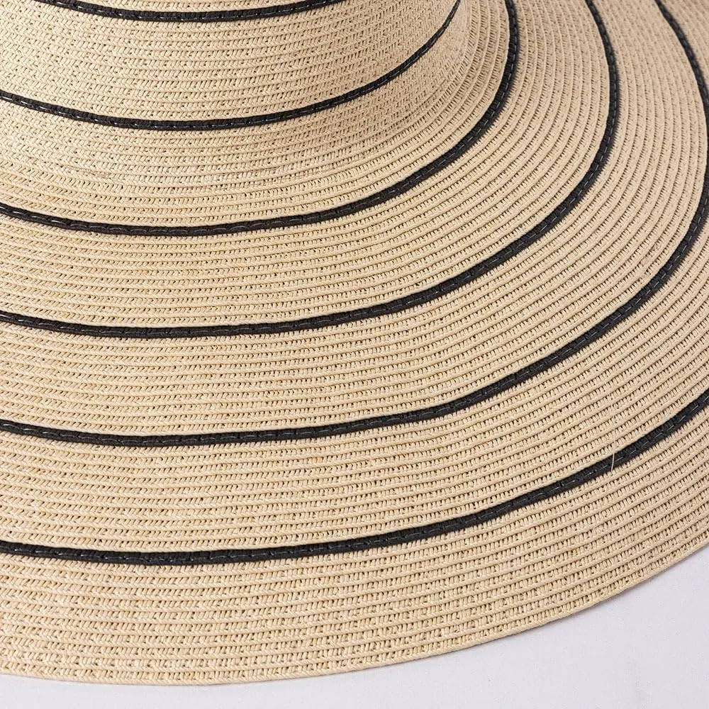Women's Striped Paper Straw Hat - 14cm Extra Wide Brim - Adjustable 56-58cm Summer Sun Hat