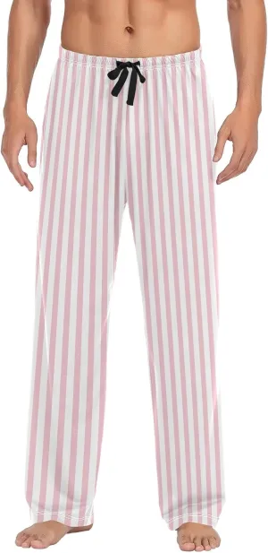 xigua Pink Vertical Stripes Pajama Pants for Men, Comfortable Mens Lounge Pants with Pockets, Men's Pajama Bottoms